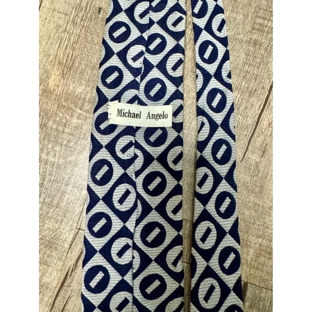 Michael Angelo Vintage Mens Geometric Tie Navy Silver Rhodia Acetate 59x4
